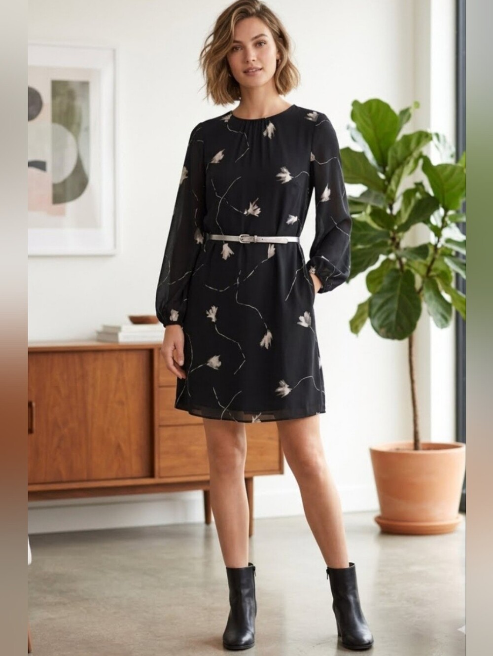 Short Black Floral Dress, Puff Sleeves. Brand: A New Day – Size M. Women's.